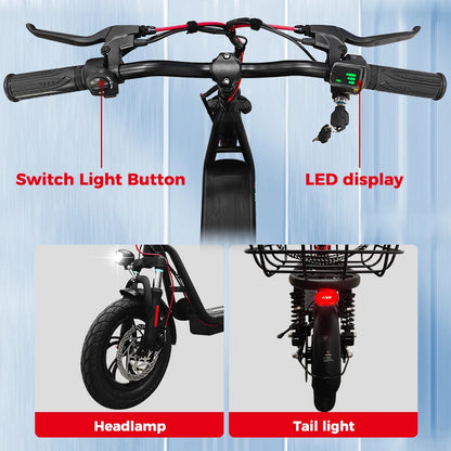 500W Electric Scooter with Seat & Basket, 25KM/H, 12 Inch Wheels
