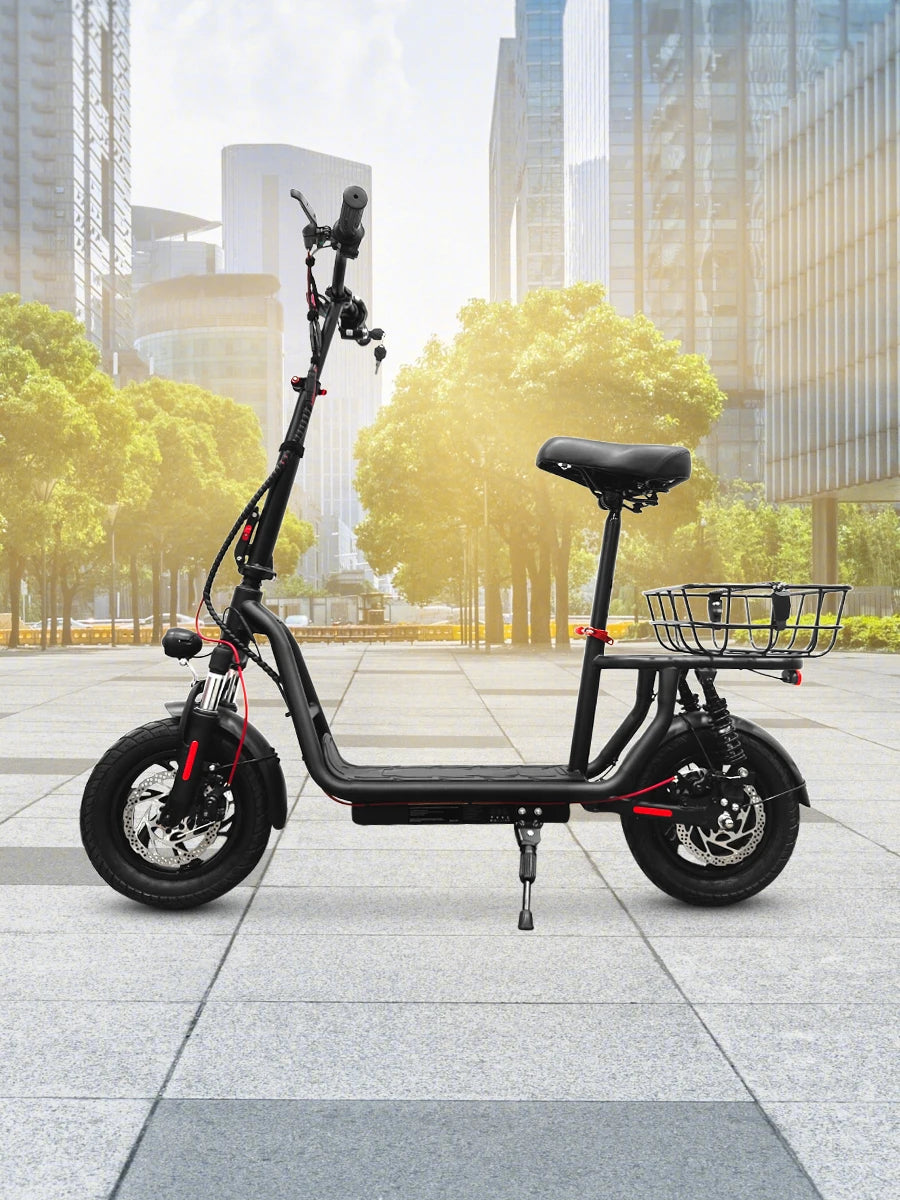 500W Electric Scooter with Seat & Basket, 25KM/H, 12 Inch Wheels